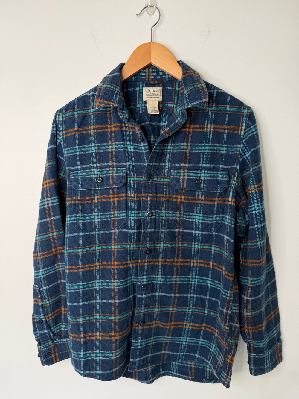 L.L.Bean Organic Cotton Plaid thick Flannel Button Down Shirt Blue Men’s S
